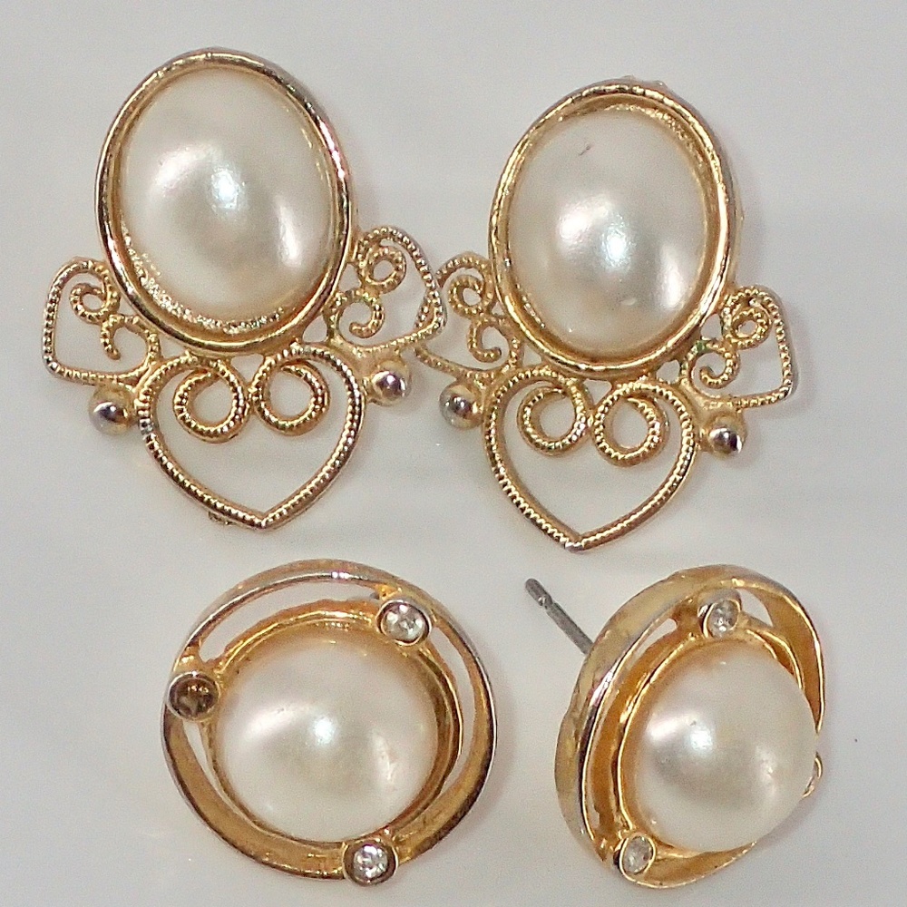 Gold Tone Pearl Earrings Set of 2 Women's Post Classic for Dress Jewelry Gifts